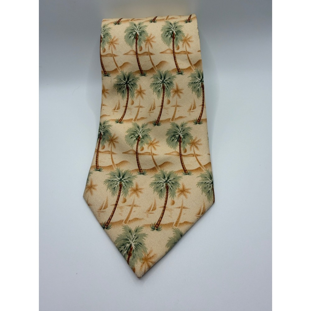 Tommy Bahama Mens Silk Tie Beige Tropical Palm Tree Sailboat Island Coastal 6208